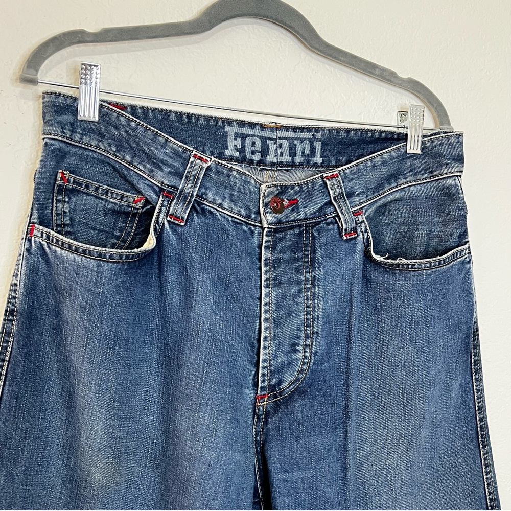 VTG Ferrari Button Fly Blue Denim Jeans‎ Leather Logo Italian Mens 33x30.5 IT 50 - Picture 3 of 16